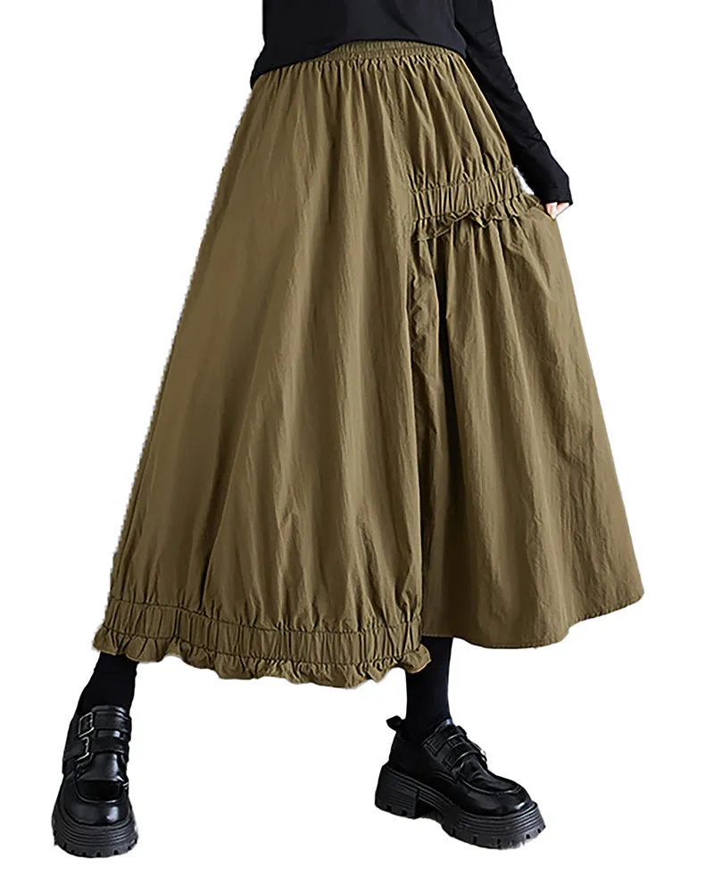 ellazhu Women's Skirt Elastic Waist Solid Two Side Pockets Flowy Ruffle Hem Baggy Loose GZ323
