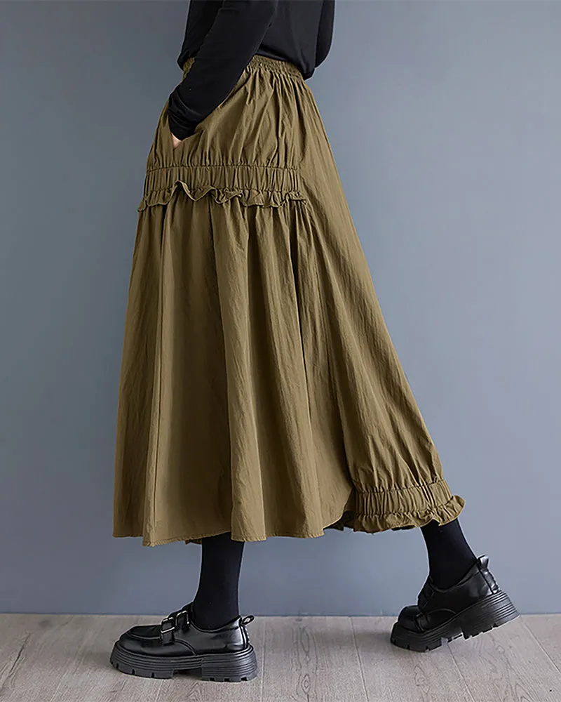 ellazhu Women's Skirt Elastic Waist Solid Two Side Pockets Flowy Ruffle Hem Baggy Loose GZ323
