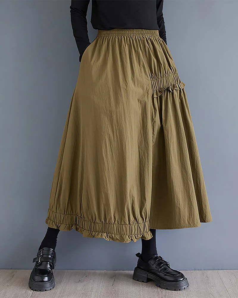 ellazhu Women's Skirt Elastic Waist Solid Two Side Pockets Flowy Ruffle Hem Baggy Loose GZ323