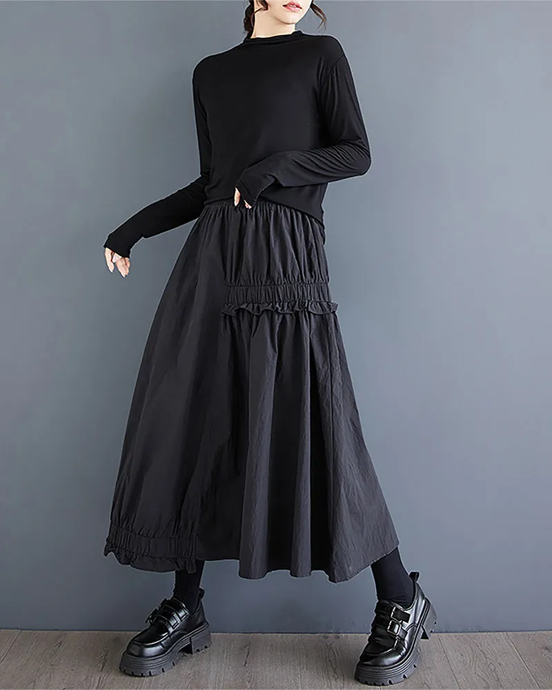 ellazhu Women's Skirt Elastic Waist Solid Two Side Pockets Flowy Ruffle Hem Baggy Loose GZ323