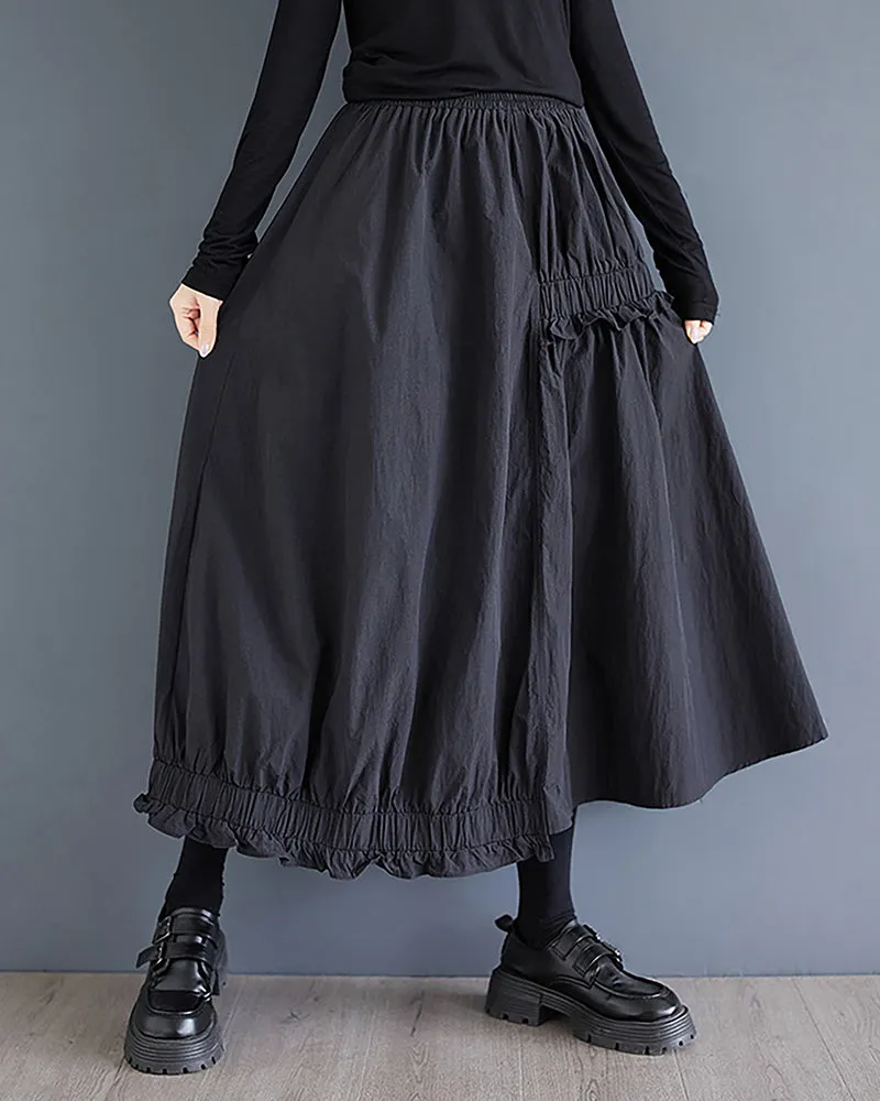 ellazhu Women's Skirt Elastic Waist Solid Two Side Pockets Flowy Ruffle Hem Baggy Loose GZ323