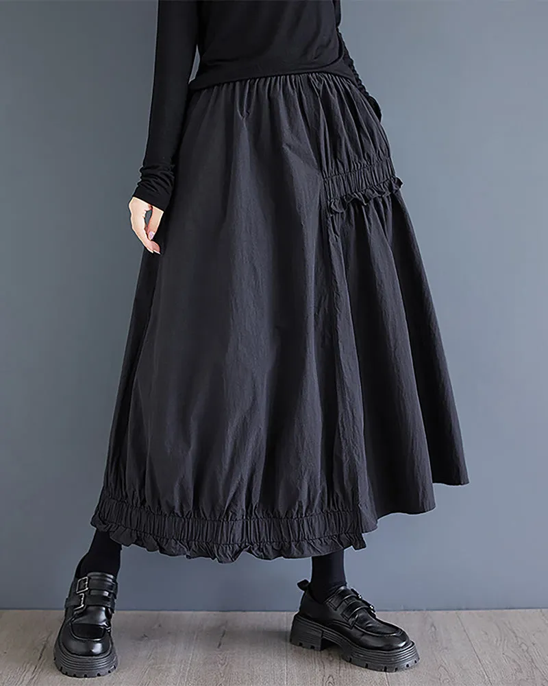 ellazhu Women's Skirt Elastic Waist Solid Two Side Pockets Flowy Ruffle Hem Baggy Loose GZ323