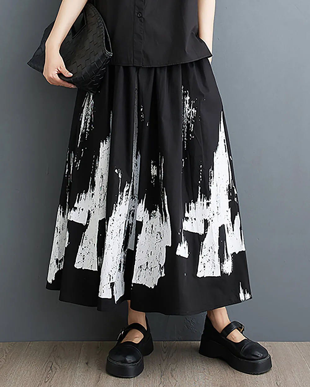 ellazhu Women's Skirt Wide Legs Black White Print Pockets Loose Oversize Flowy Hem Summer GZ233