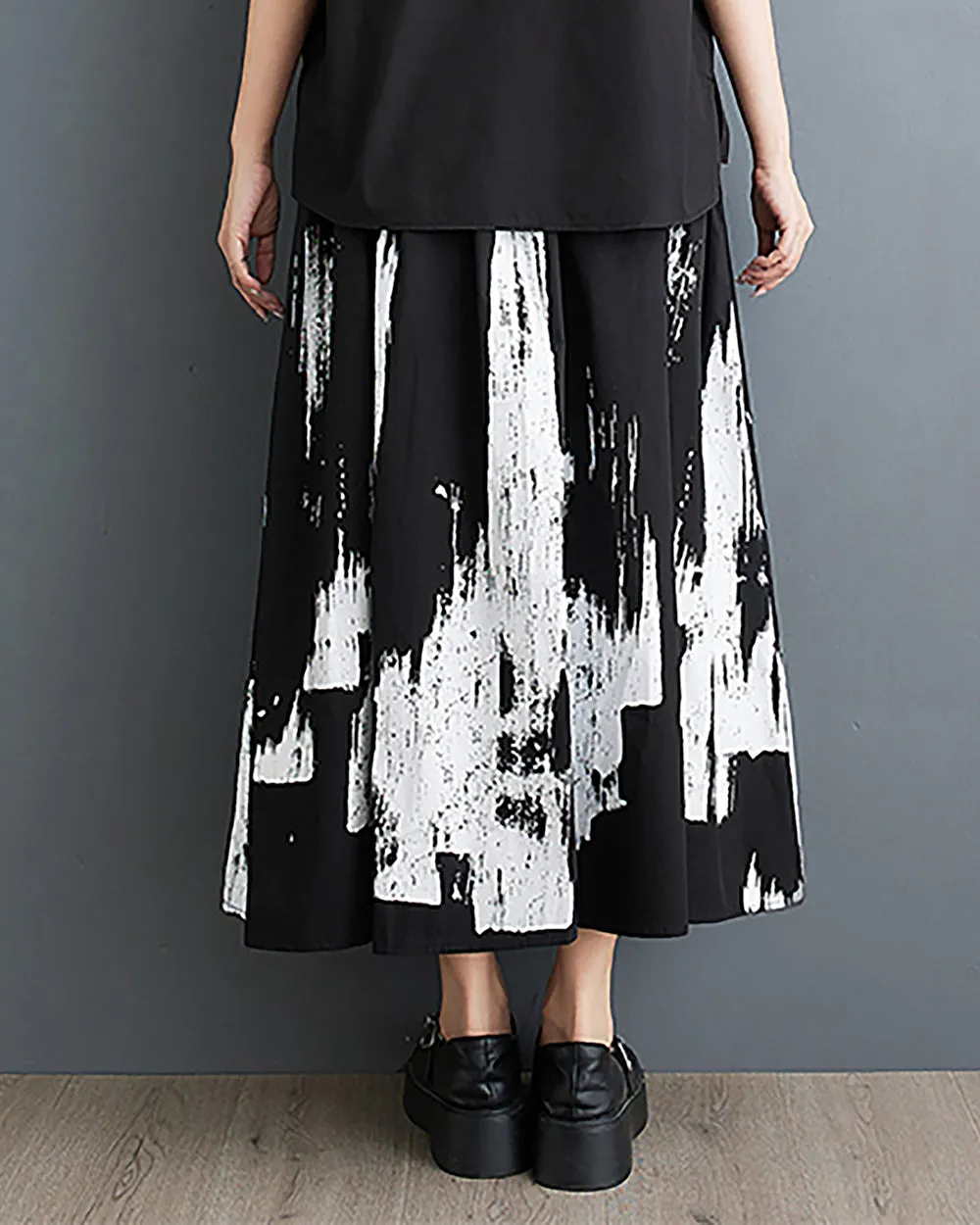 ellazhu Women's Skirt Wide Legs Black White Print Pockets Loose Oversize Flowy Hem Summer GZ233