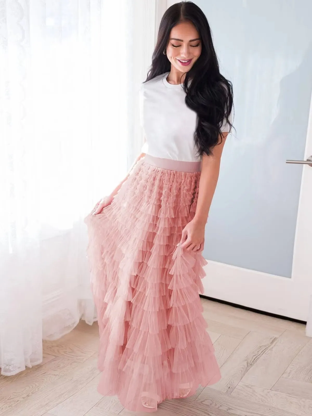 FAIRYTALE TIERED RUFFLE TULLE MESH SKIRT PINK