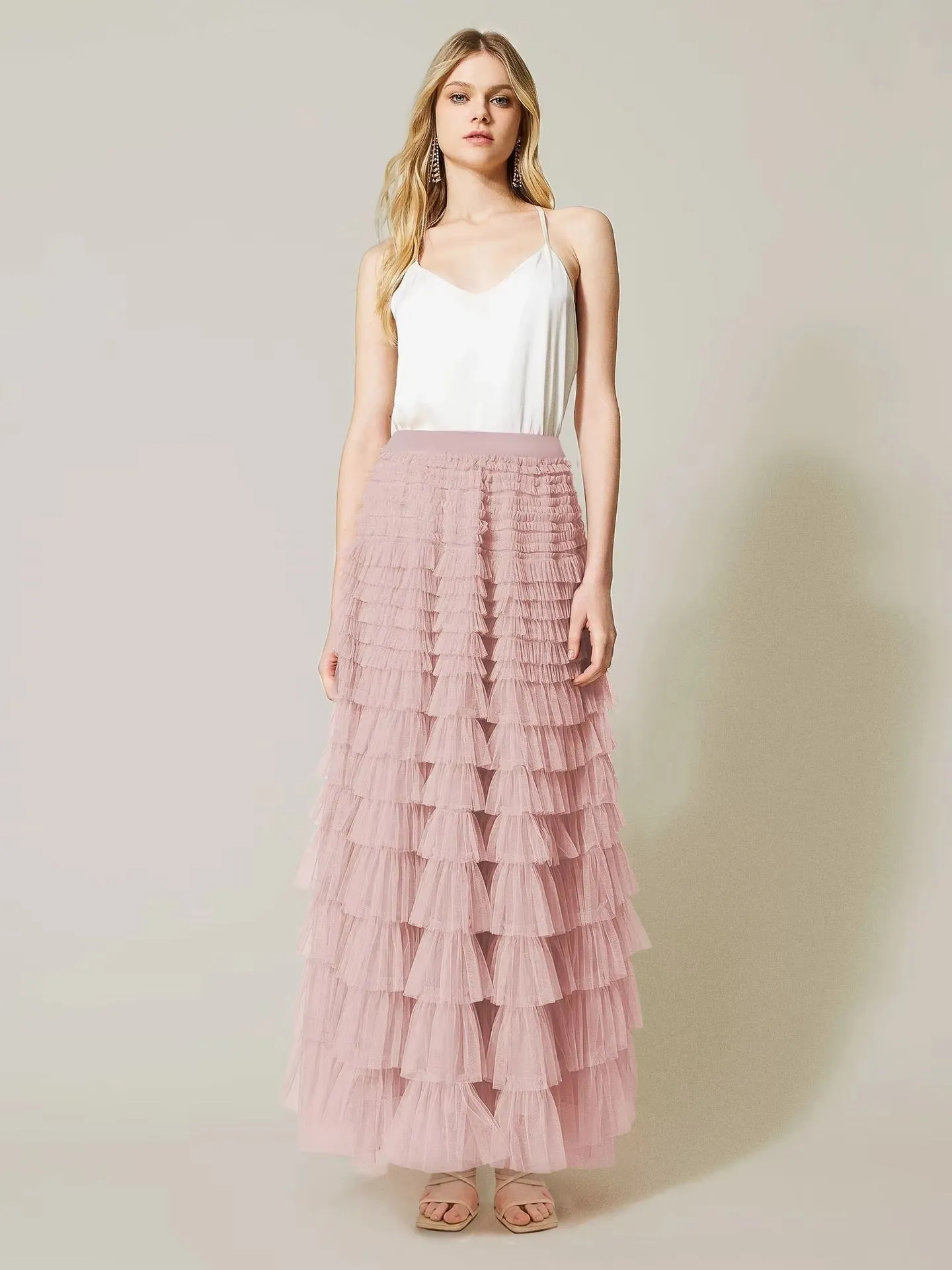 FAIRYTALE TIERED RUFFLE TULLE MESH SKIRT PINK