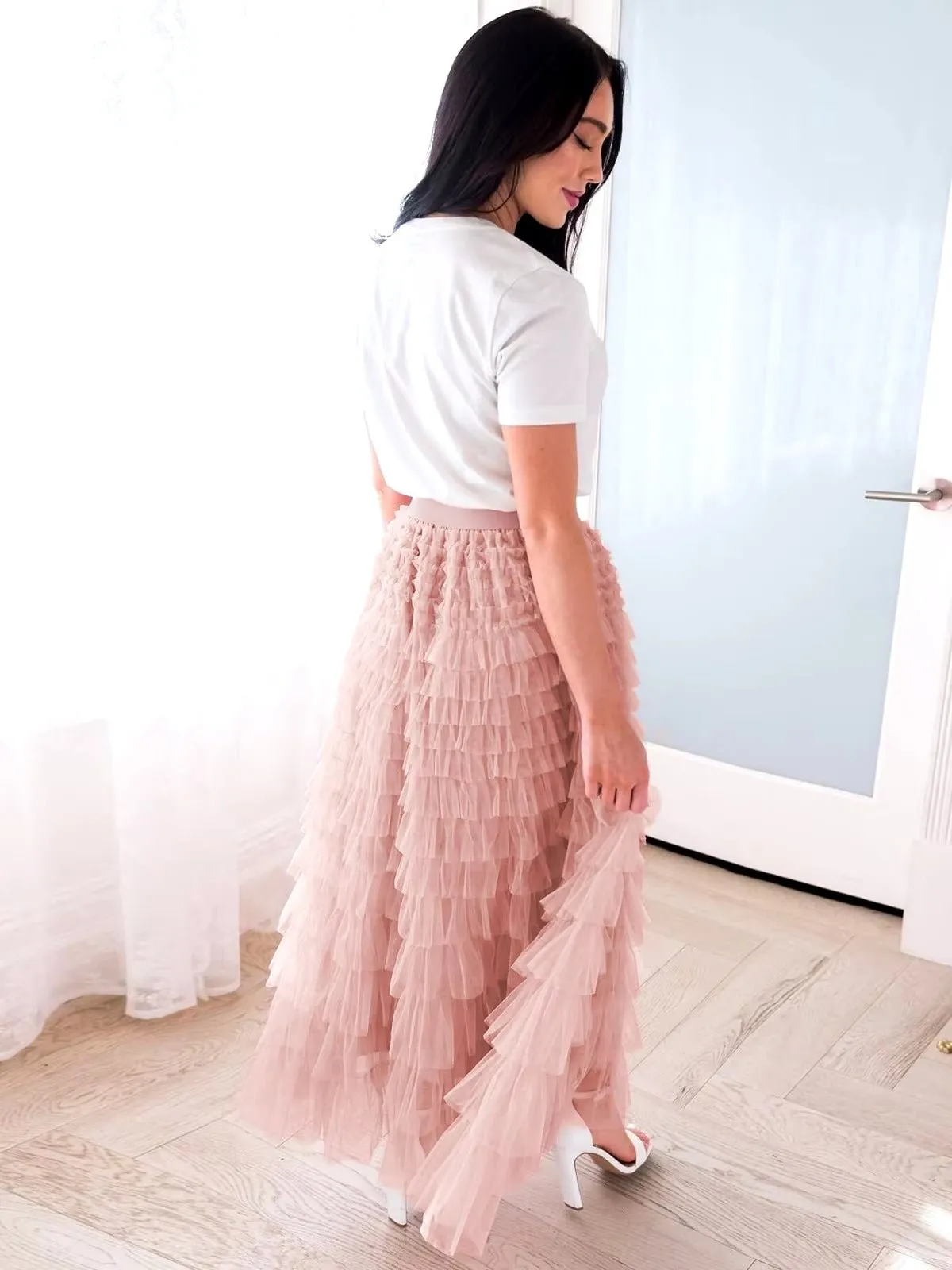FAIRYTALE TIERED RUFFLE TULLE MESH SKIRT PINK