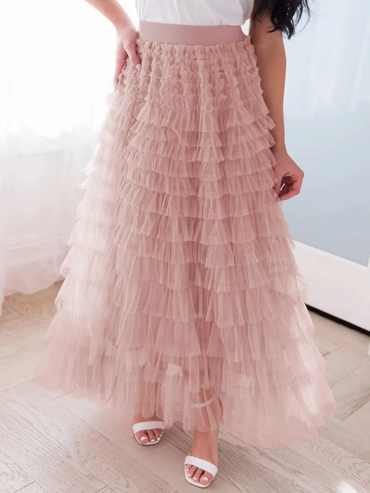 FAIRYTALE TIERED RUFFLE TULLE MESH SKIRT PINK