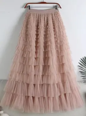 FAIRYTALE TIERED RUFFLE TULLE MESH SKIRT PINK