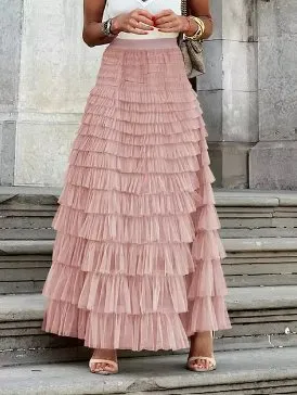 FAIRYTALE TIERED RUFFLE TULLE MESH SKIRT PINK