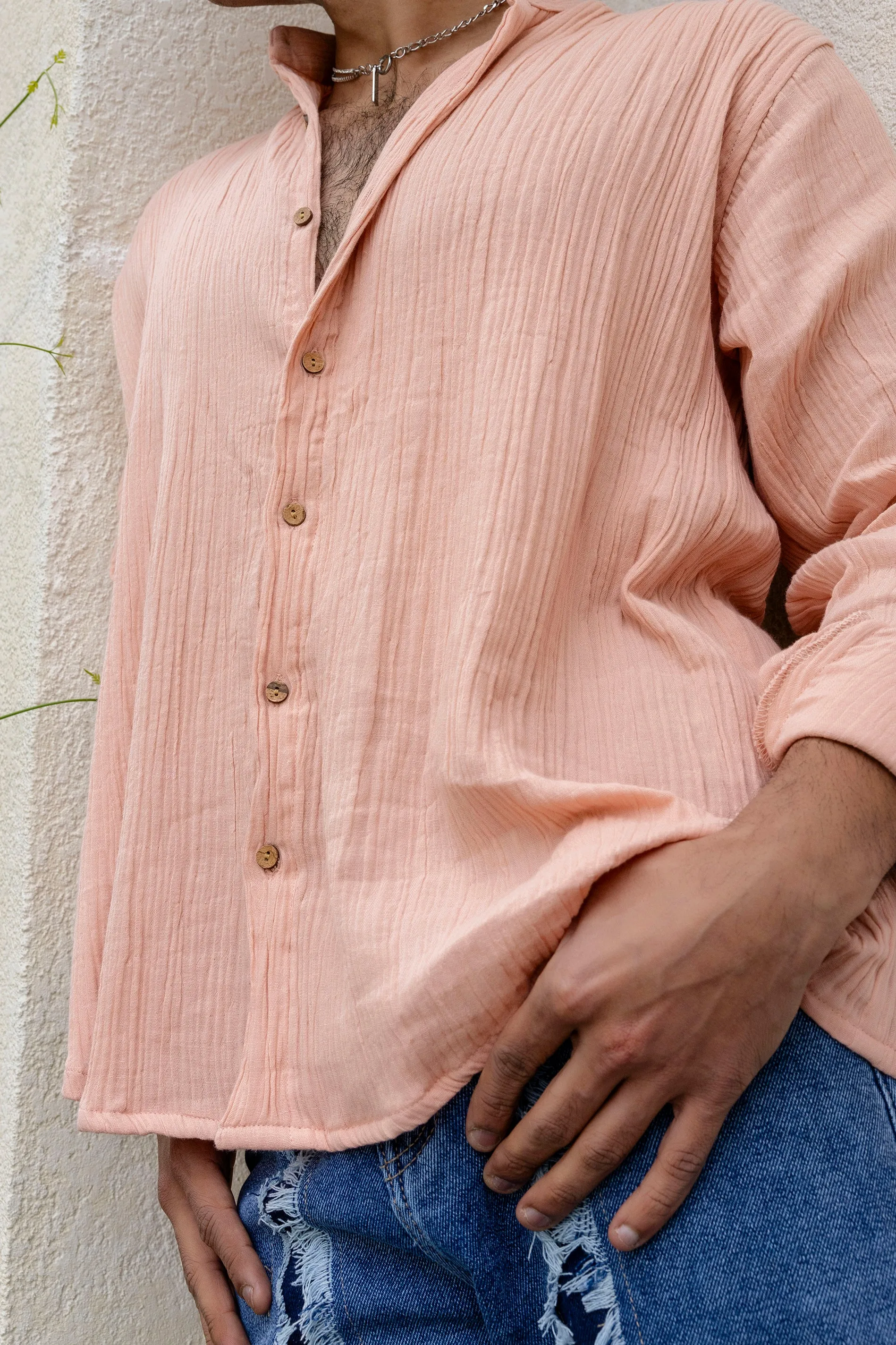 Firangi Yarn Relaxed Fit Solid Cotton Linen Blend Men's Shirt - Peachy Beeach