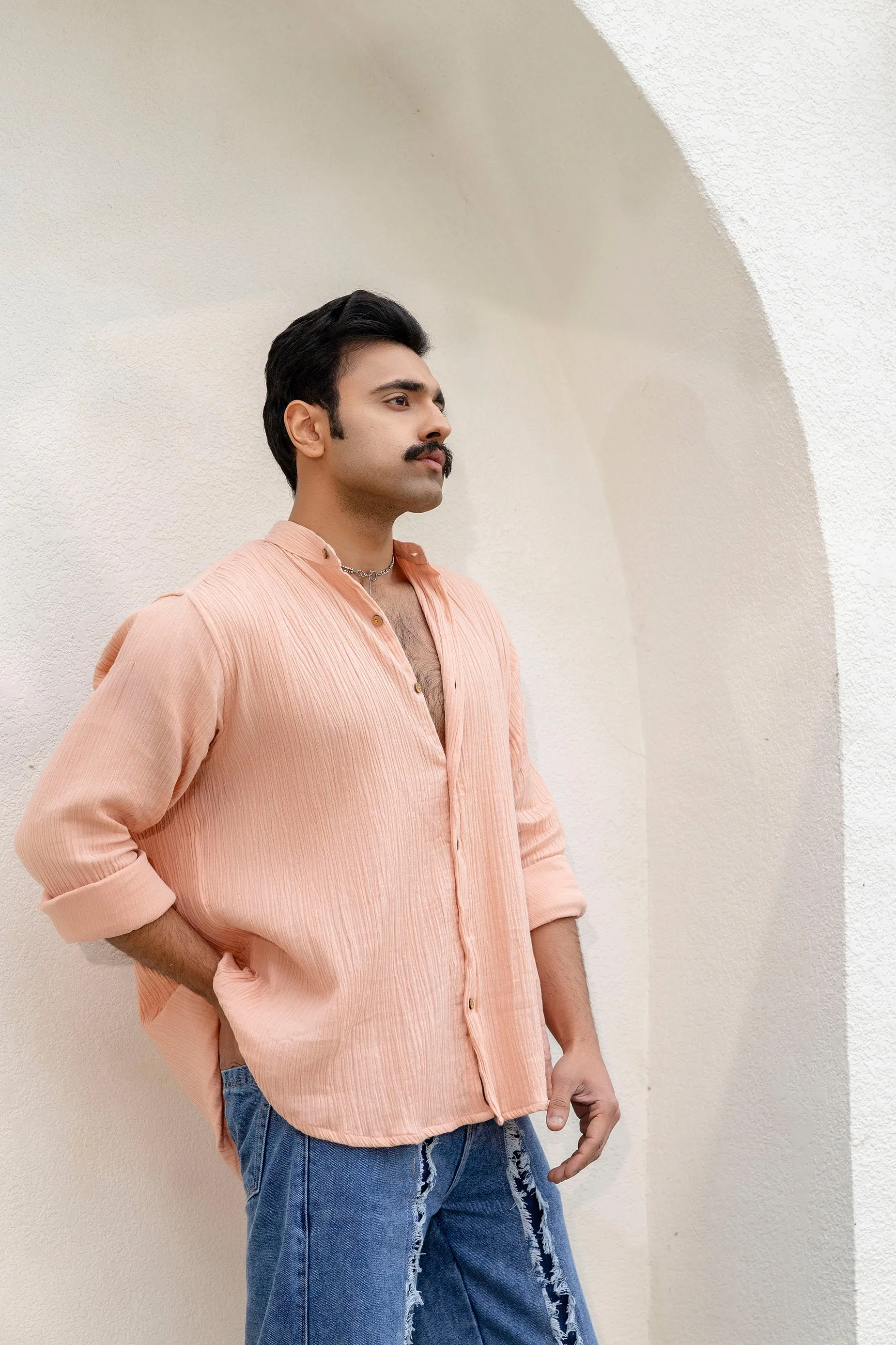 Firangi Yarn Relaxed Fit Solid Cotton Linen Blend Men's Shirt - Peachy Beeach