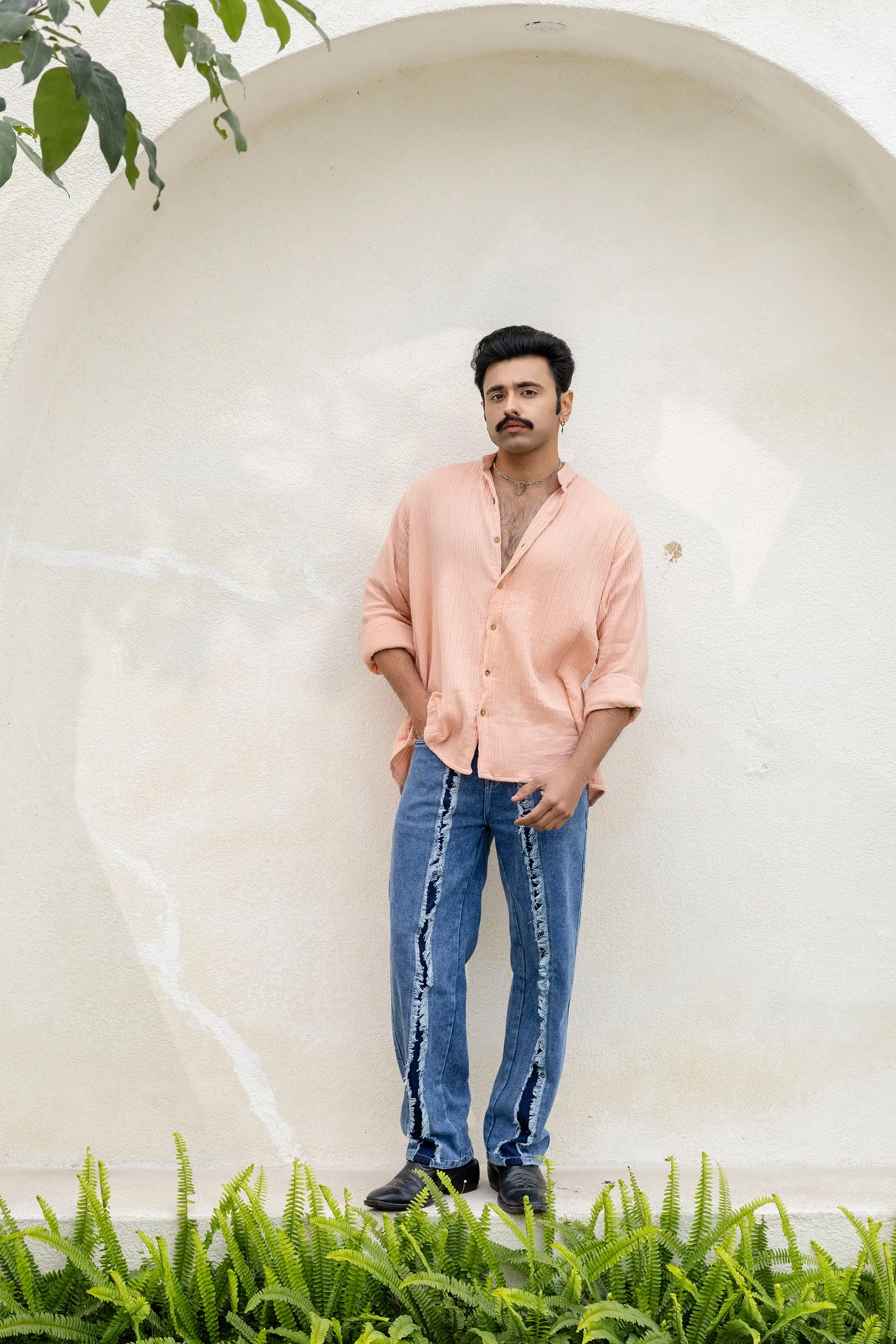 Firangi Yarn Relaxed Fit Solid Cotton Linen Blend Men's Shirt - Peachy Beeach