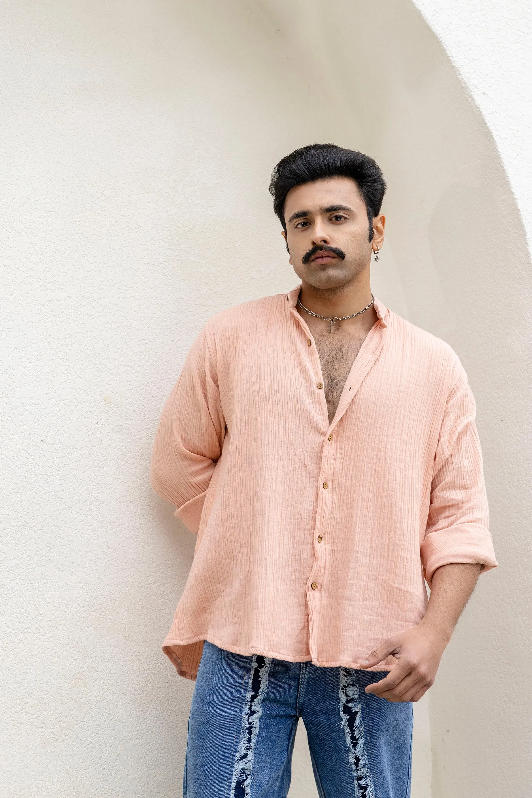 Firangi Yarn Relaxed Fit Solid Cotton Linen Blend Men's Shirt - Peachy Beeach