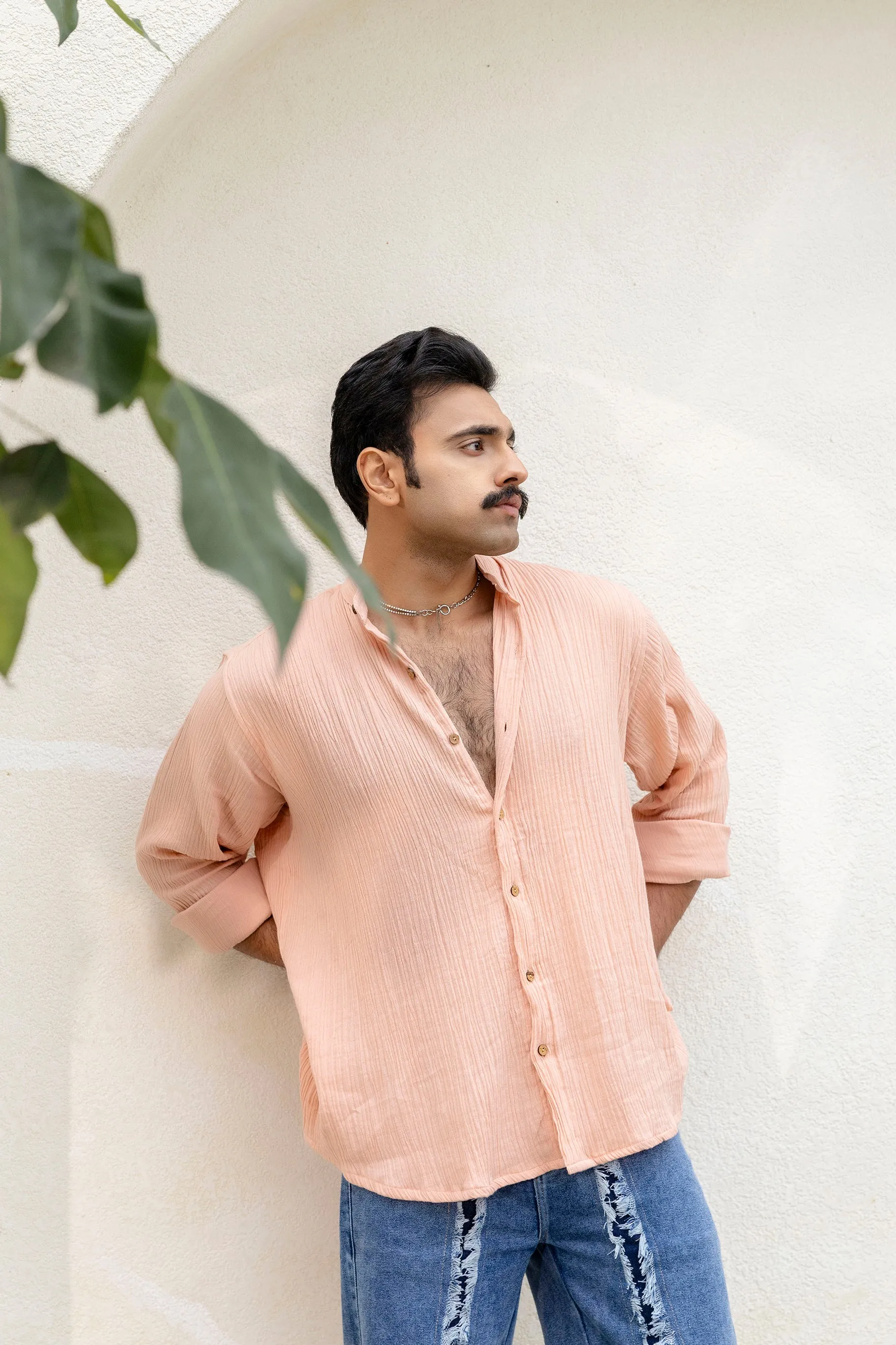 Firangi Yarn Relaxed Fit Solid Cotton Linen Blend Men's Shirt - Peachy Beeach