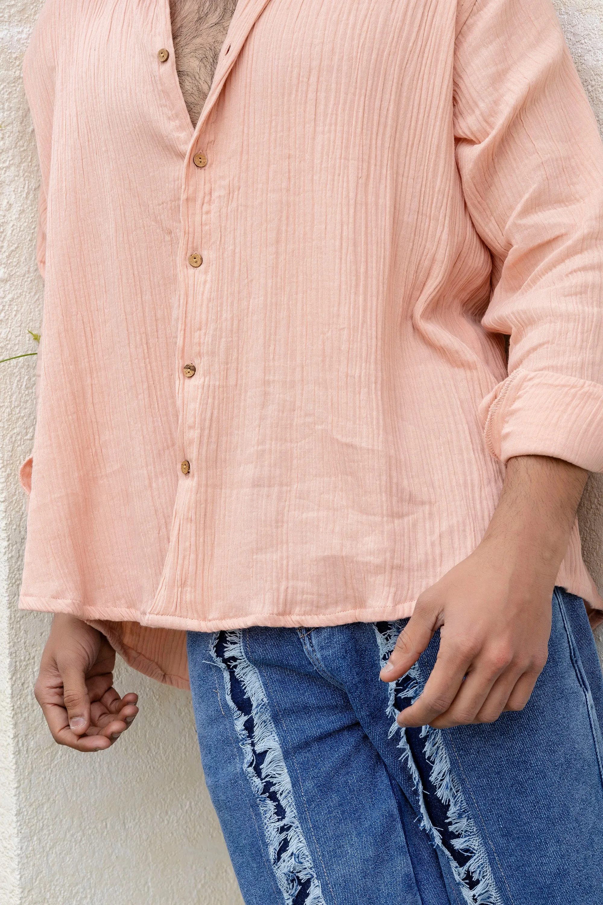 Firangi Yarn Relaxed Fit Solid Cotton Linen Blend Men's Shirt - Peachy Beeach