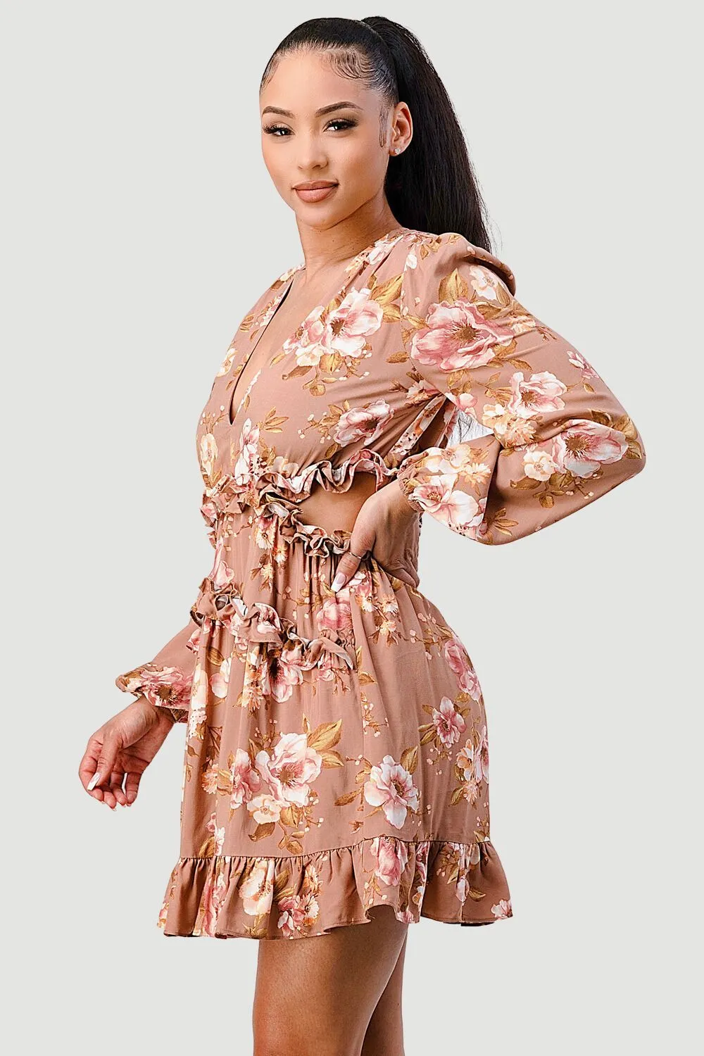 FLORAL CHIFFON V-NECK SIDE CUT-OUT RUFFLED DRESS