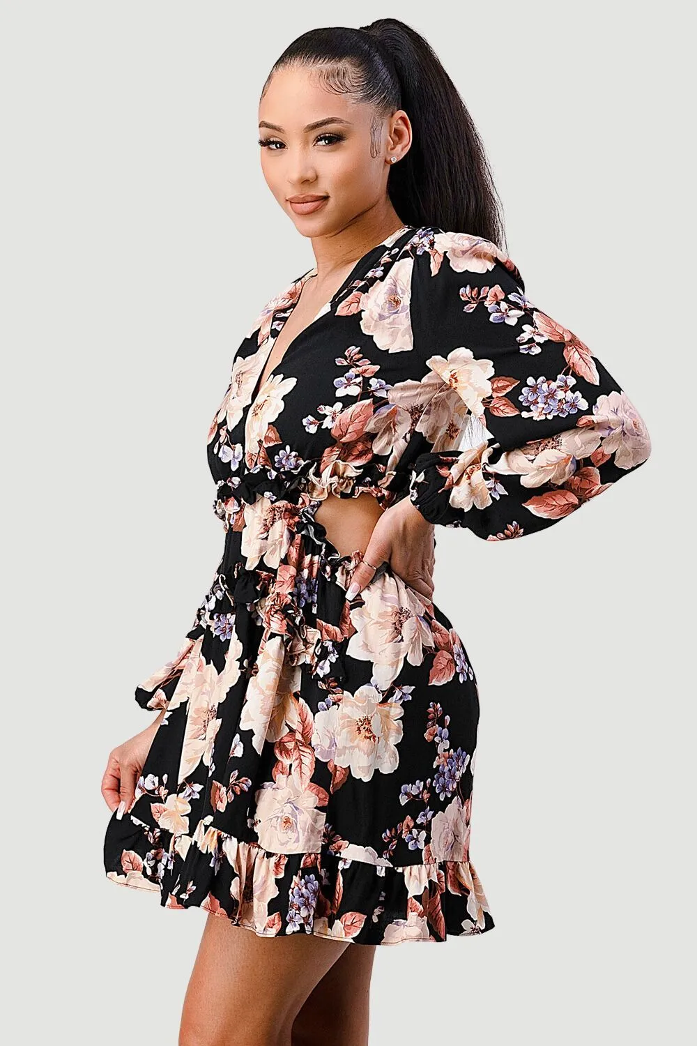 FLORAL CHIFFON V-NECK SIDE CUT-OUT RUFFLED DRESS
