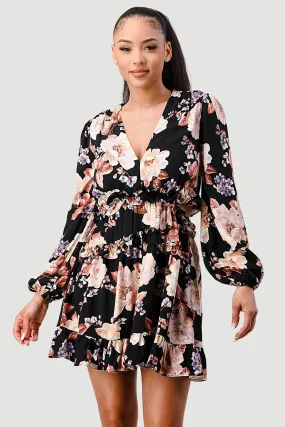 FLORAL CHIFFON V-NECK SIDE CUT-OUT RUFFLED DRESS