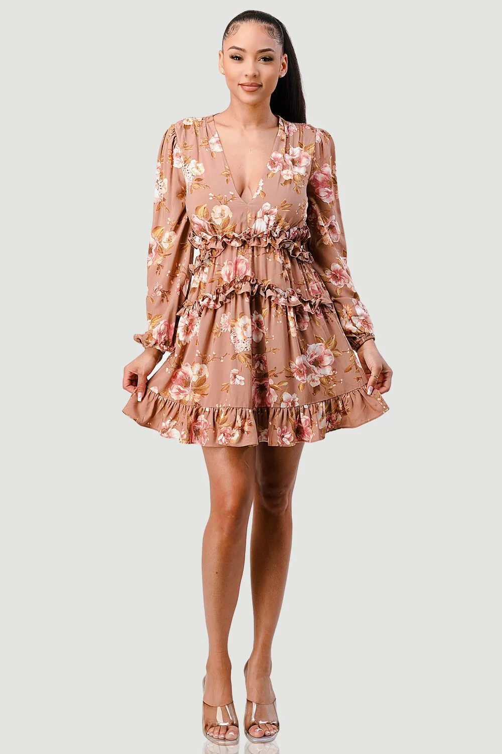 FLORAL CHIFFON V-NECK SIDE CUT-OUT RUFFLED DRESS