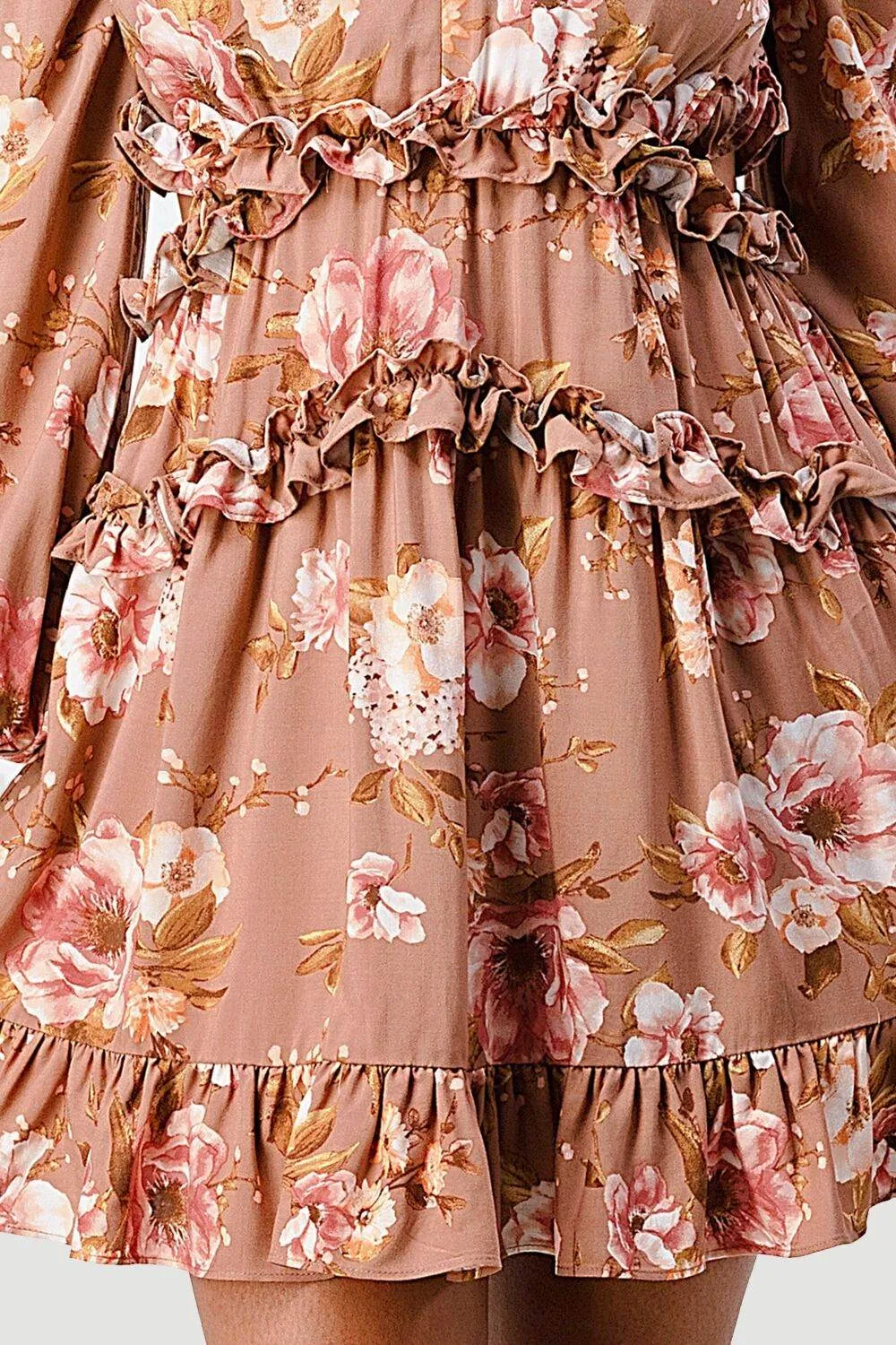 FLORAL CHIFFON V-NECK SIDE CUT-OUT RUFFLED DRESS