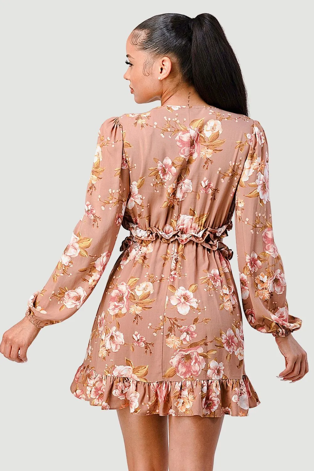 FLORAL CHIFFON V-NECK SIDE CUT-OUT RUFFLED DRESS