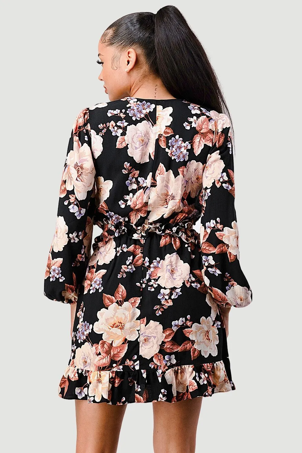 FLORAL CHIFFON V-NECK SIDE CUT-OUT RUFFLED DRESS