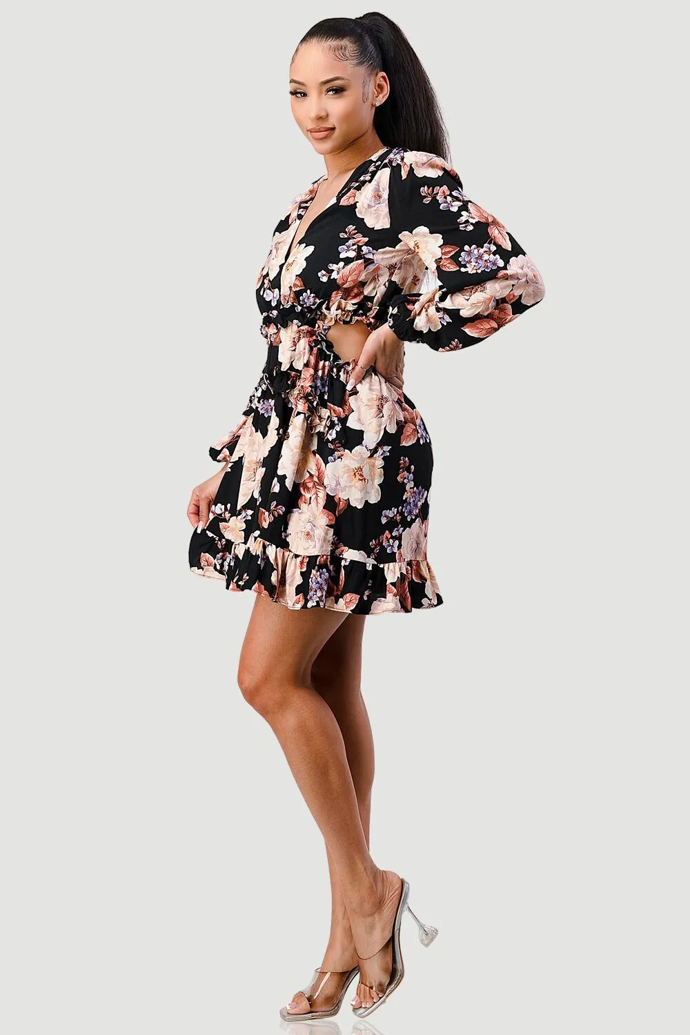FLORAL CHIFFON V-NECK SIDE CUT-OUT RUFFLED DRESS