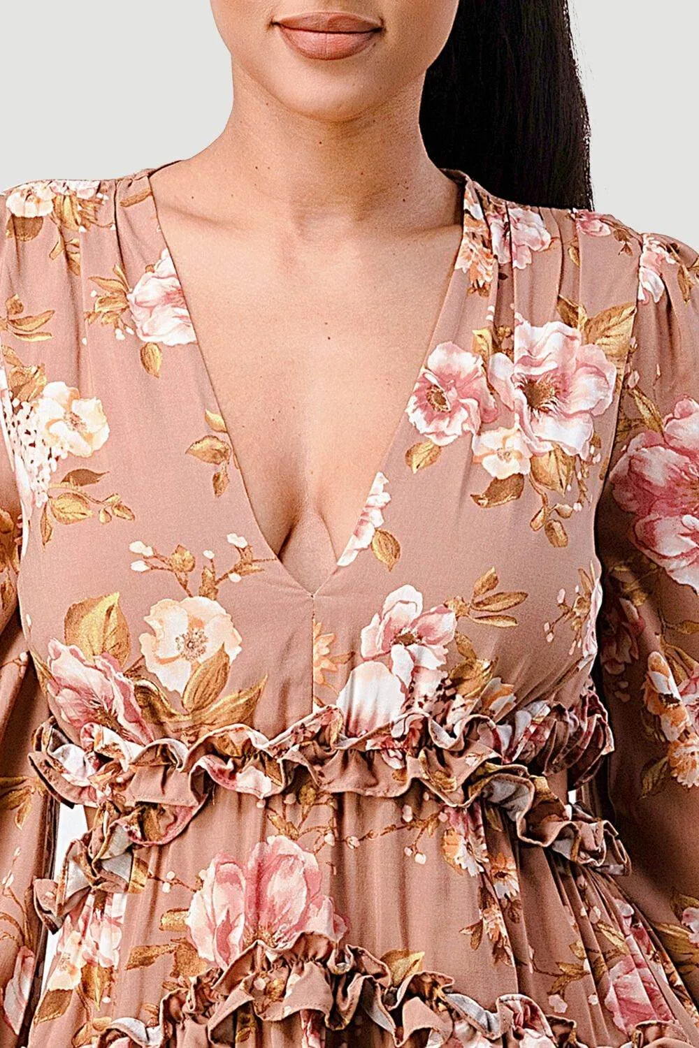 FLORAL CHIFFON V-NECK SIDE CUT-OUT RUFFLED DRESS