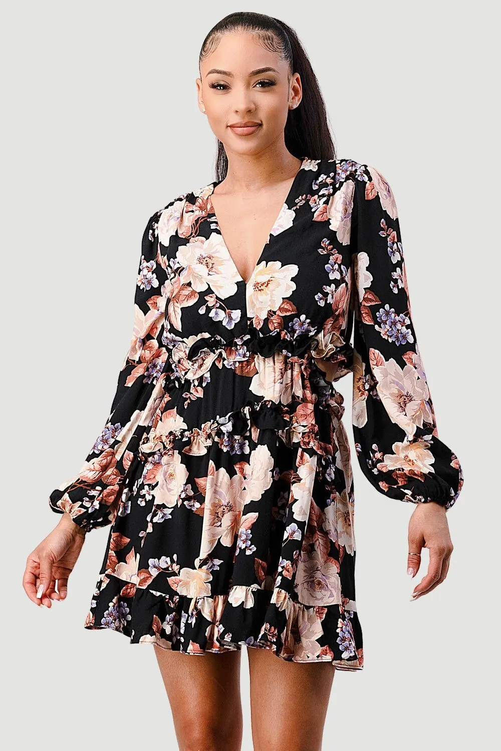 FLORAL CHIFFON V-NECK SIDE CUT-OUT RUFFLED DRESS