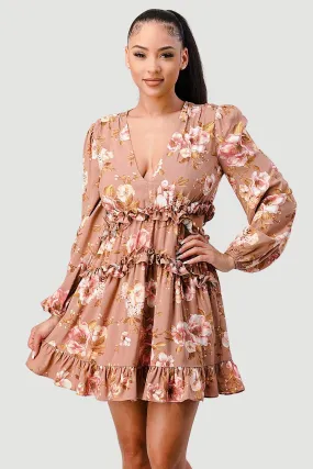FLORAL CHIFFON V-NECK SIDE CUT-OUT RUFFLED DRESS