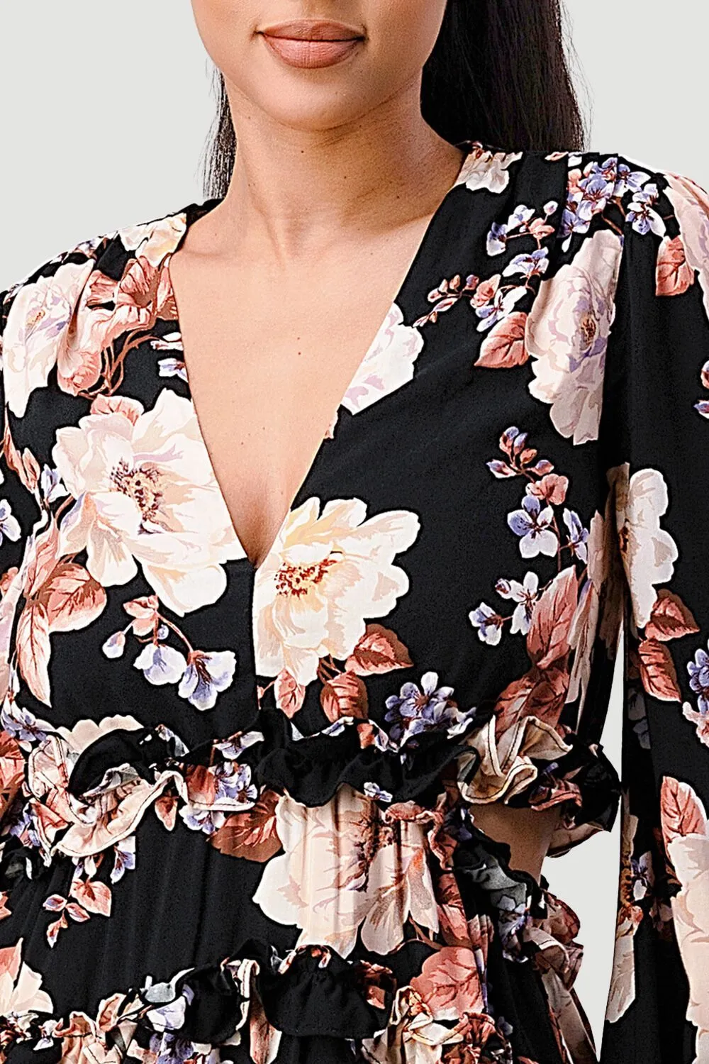 FLORAL CHIFFON V-NECK SIDE CUT-OUT RUFFLED DRESS