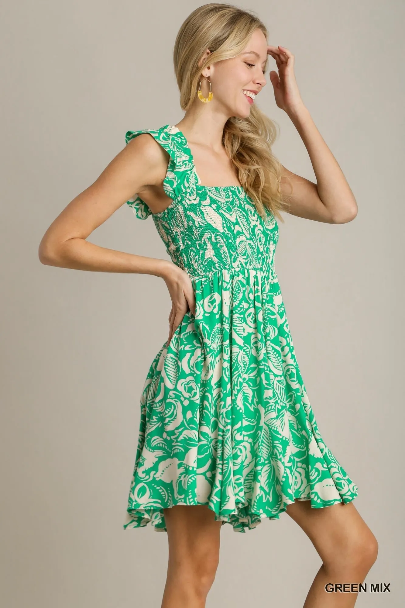 Floral Print Dress With Smocked Chest - Green Mix