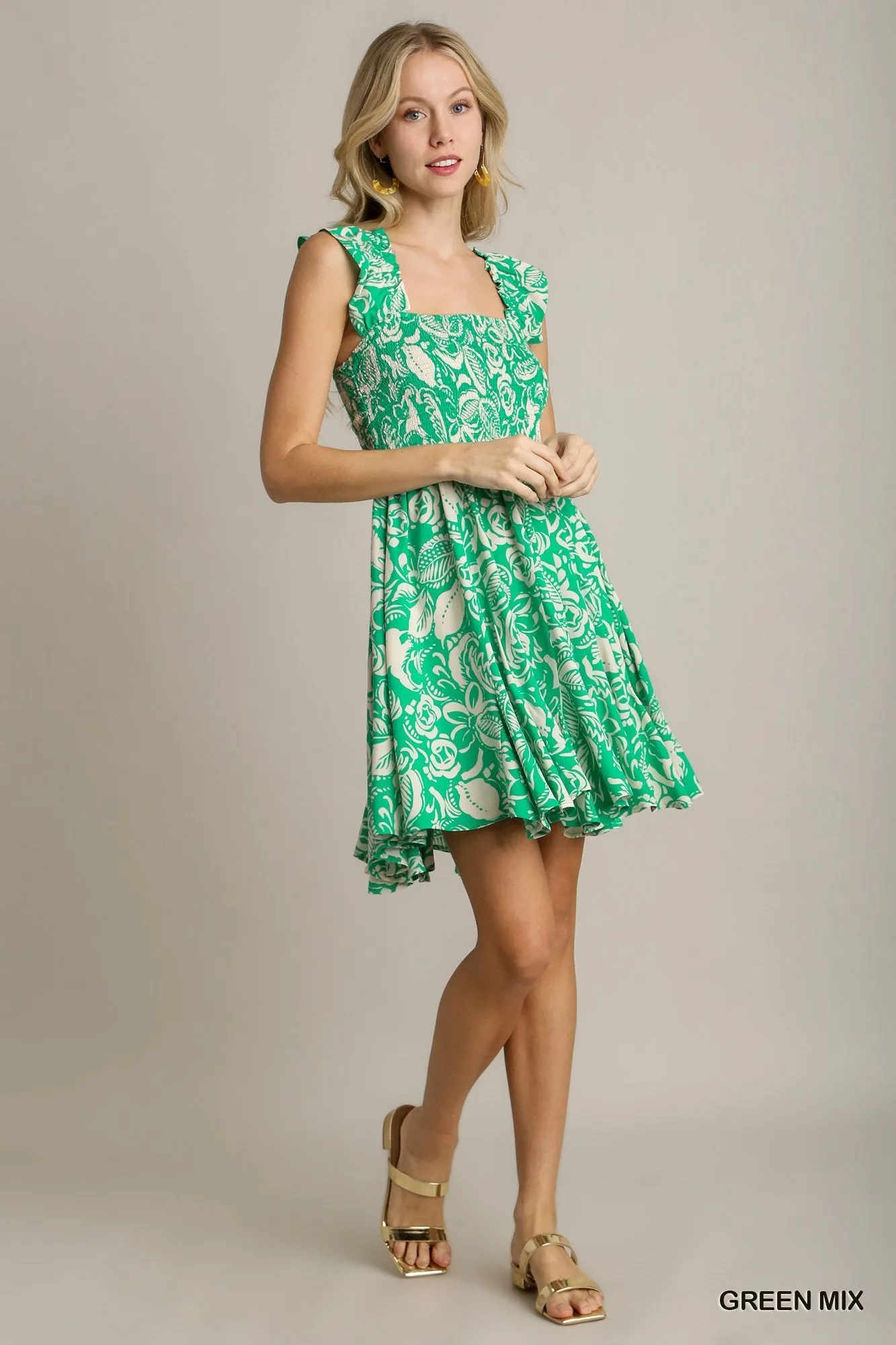 Floral Print Dress With Smocked Chest - Green Mix