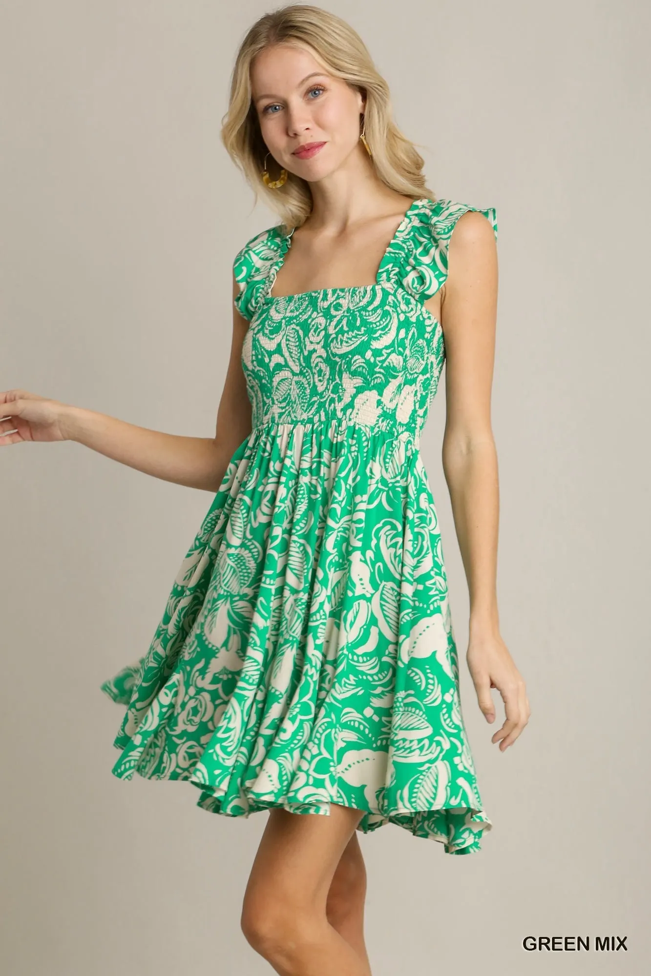 Floral Print Dress With Smocked Chest - Green Mix