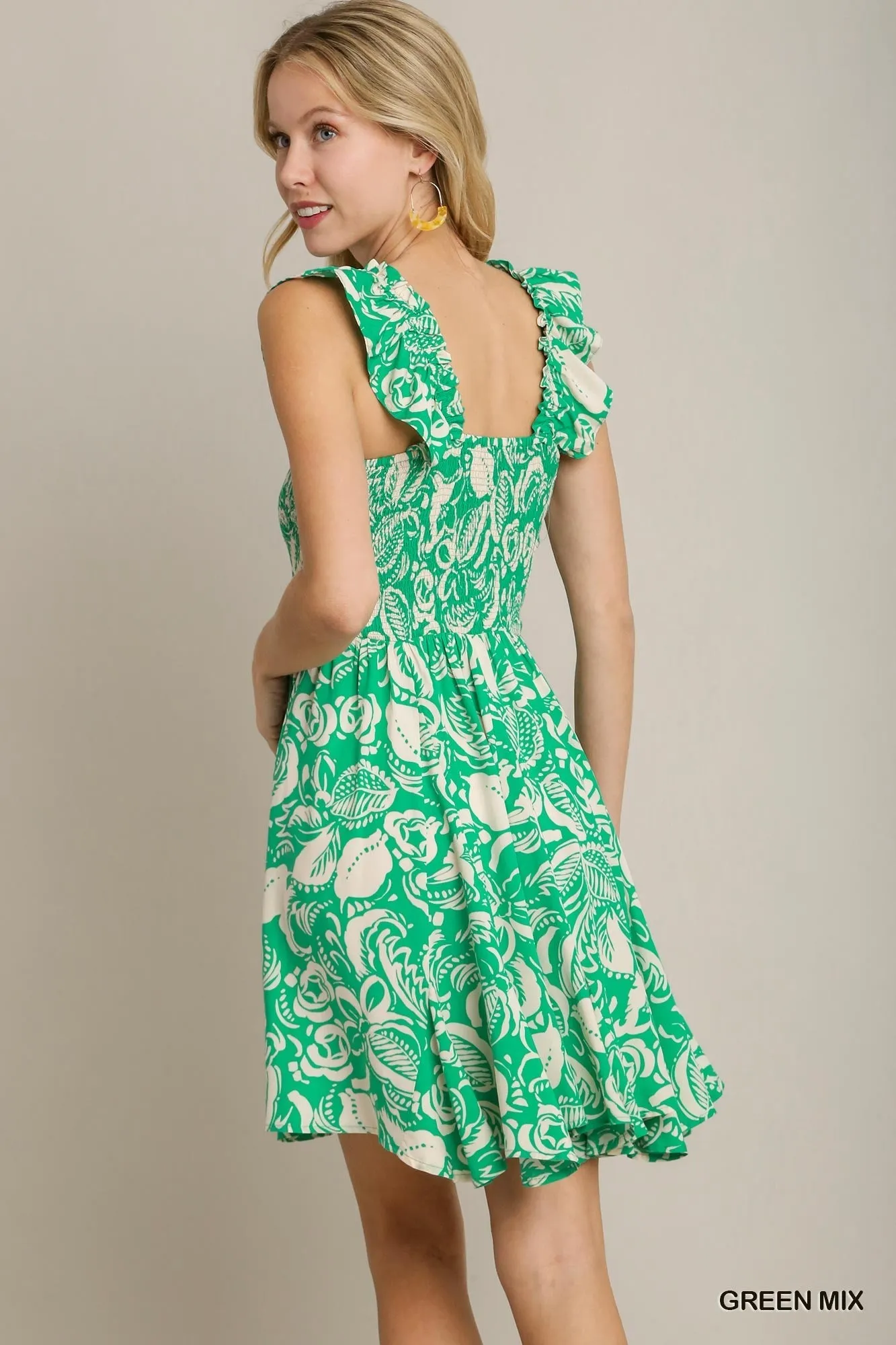 Floral Print Dress With Smocked Chest - Green Mix
