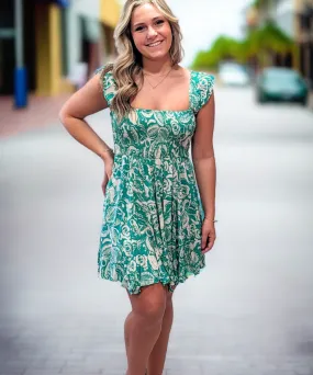 Floral Print Dress With Smocked Chest - Green Mix