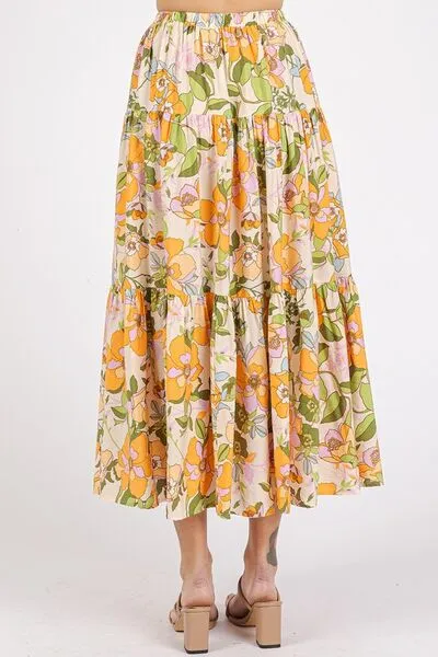 Flower Print Elastic Waist Tiered Skirt