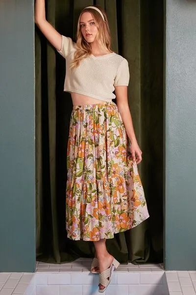 Flower Print Elastic Waist Tiered Skirt
