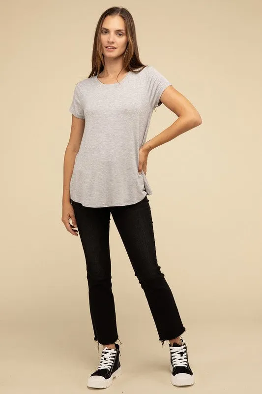 Flowy Round Hem Rayon Short Sleeve Top. **This item has free shipping.**