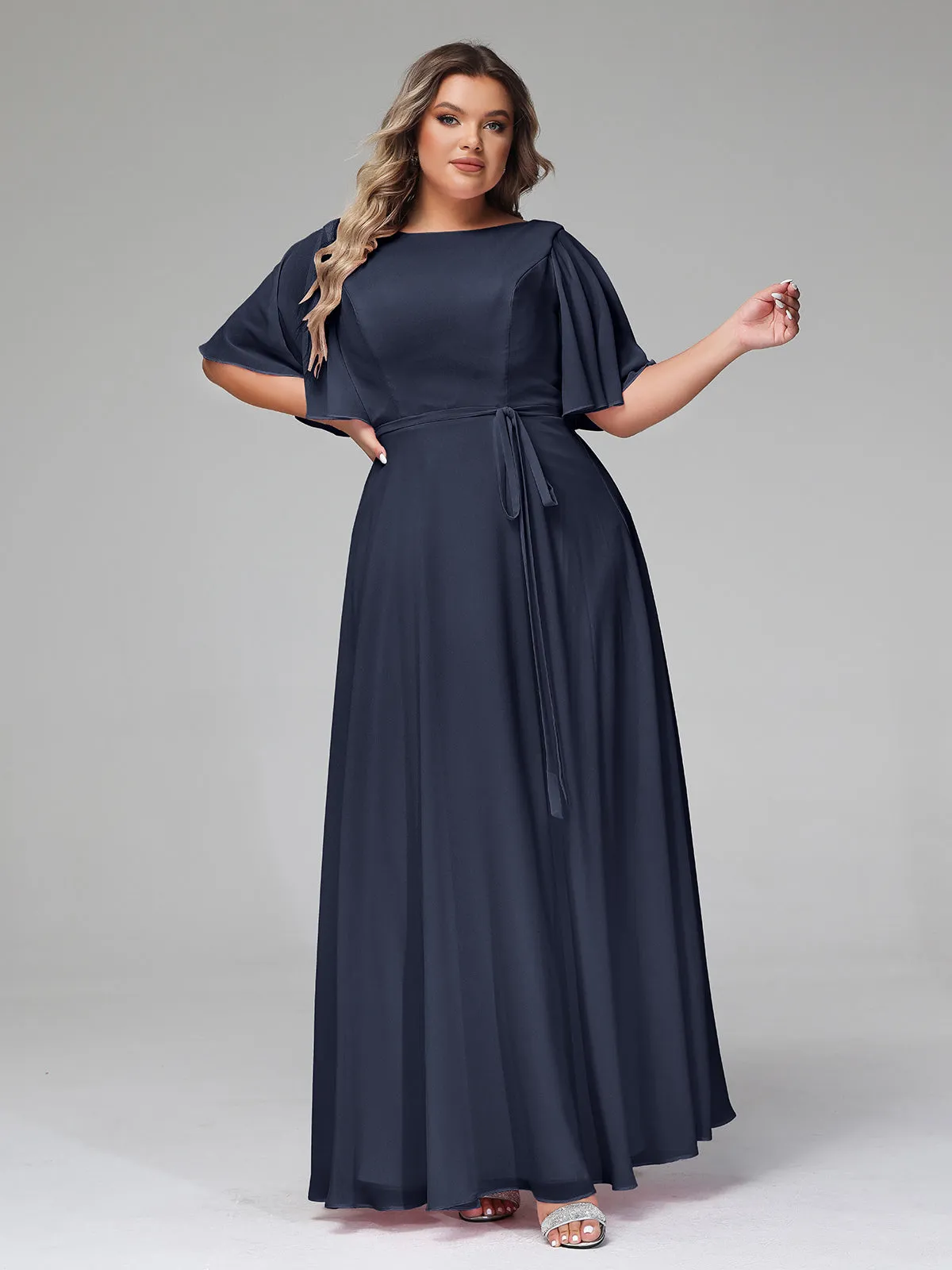 Flutter Sleeves Chiffon Max Dresses with Sash Bow-Dark Navy Plus Size