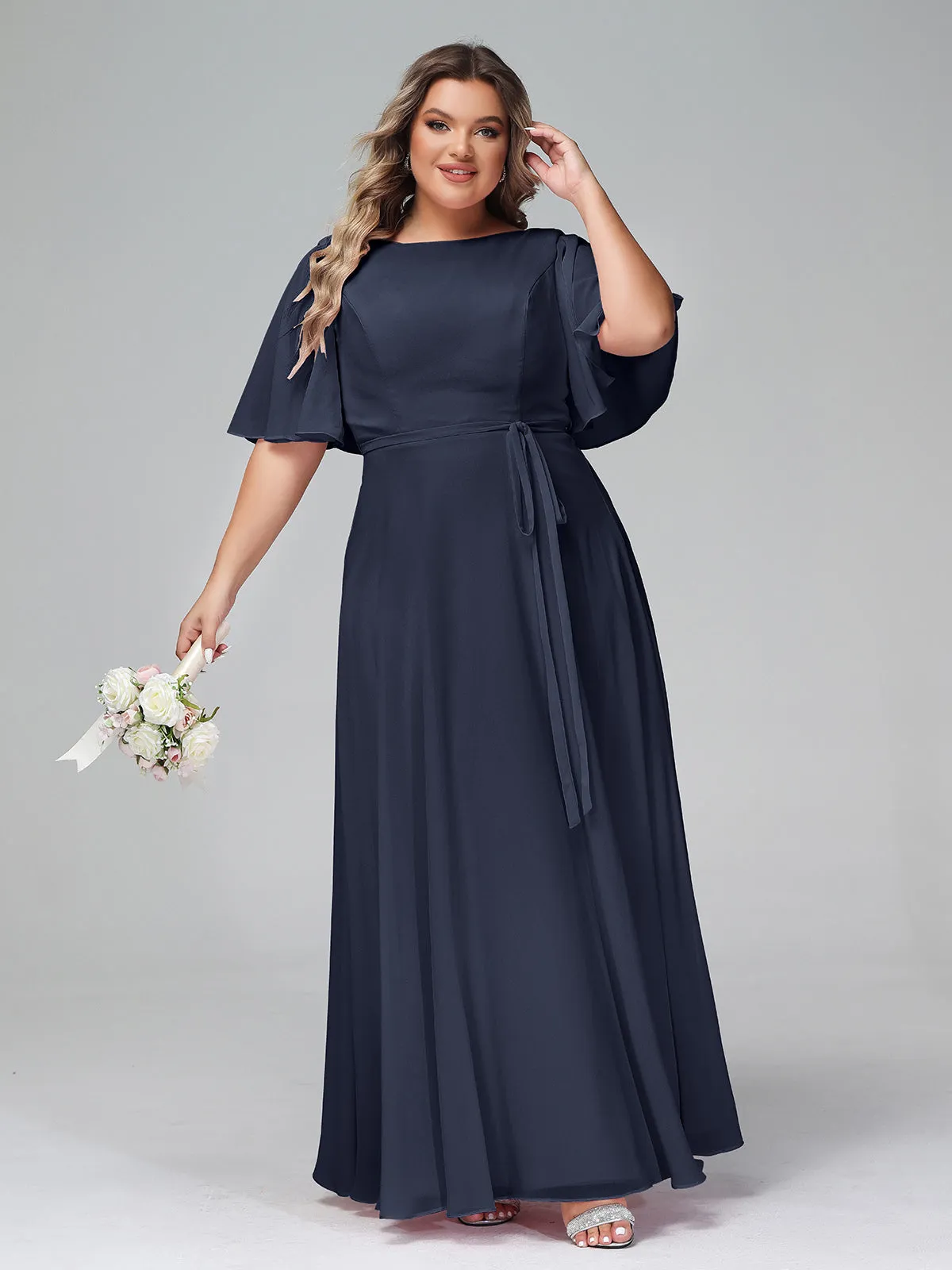 Flutter Sleeves Chiffon Max Dresses with Sash Bow-Dark Navy Plus Size