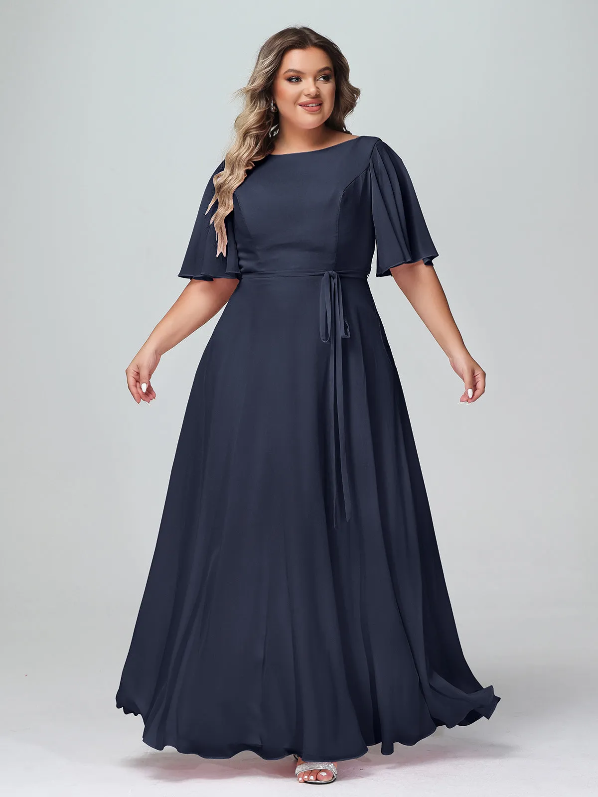 Flutter Sleeves Chiffon Max Dresses with Sash Bow-Dark Navy Plus Size