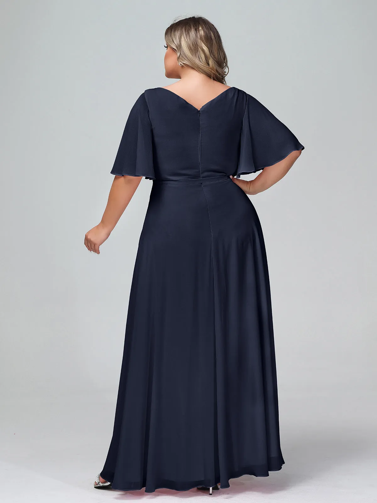 Flutter Sleeves Chiffon Max Dresses with Sash Bow-Dark Navy Plus Size