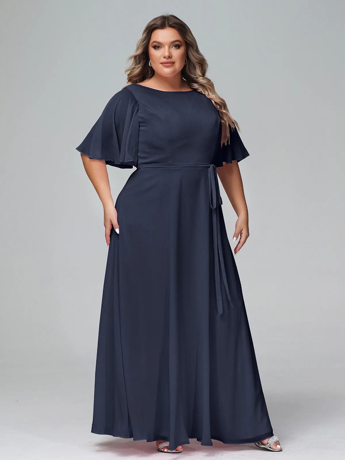 Flutter Sleeves Chiffon Max Dresses with Sash Bow-Dark Navy Plus Size