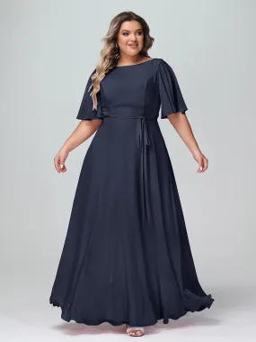 Flutter Sleeves Chiffon Max Dresses with Sash Bow-Dark Navy Plus Size