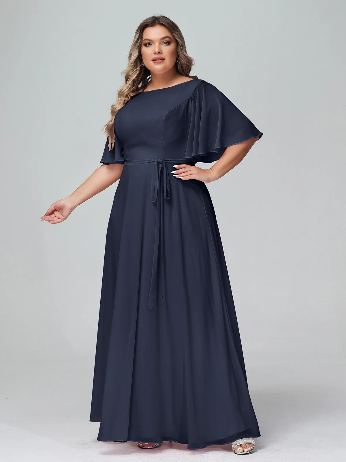 Flutter Sleeves Chiffon Max Dresses with Sash Bow-Dark Navy Plus Size