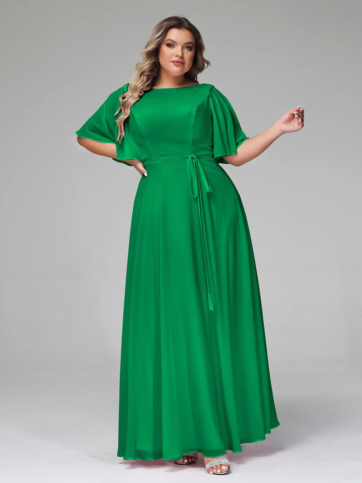 Flutter Sleeves Chiffon Max Dresses with Sash Bow-Emerald Plus Size