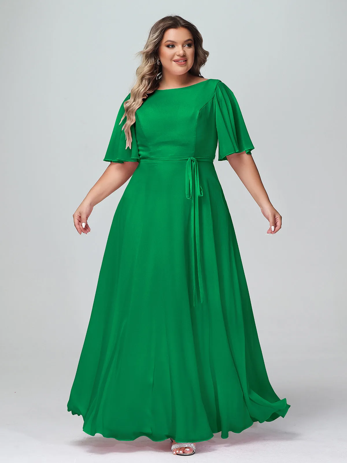 Flutter Sleeves Chiffon Max Dresses with Sash Bow-Emerald Plus Size