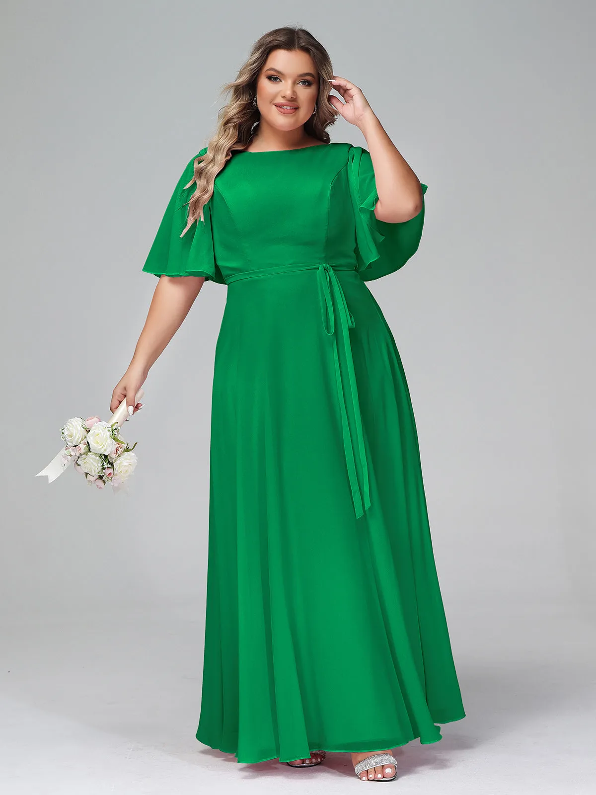 Flutter Sleeves Chiffon Max Dresses with Sash Bow-Emerald Plus Size
